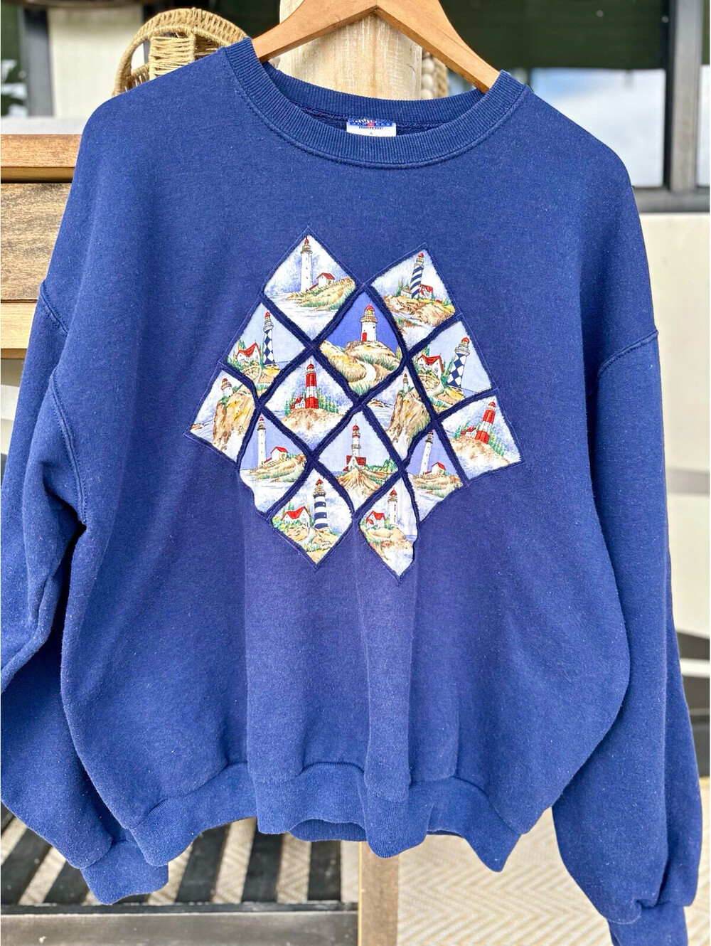 Vintage JERZEES Crewneck Fleece Pullover Blue Lighthouse Graphic Appliqué L